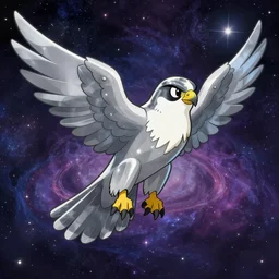 evil peregrine falcon, wearing heavenly steel, universe background, old cartoon character