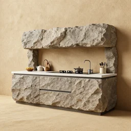 kitchen made of rough rock, octane render, trending on artstation, very rough sand on wall, flooring made of hard sand