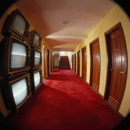 volumetric shadows, volumetric lighting, goya painting of underground, fisheye, curved perspective, naive, extra narrow, modern hallway, old tv screens, staircase, doors, wide floor, by rhads and gaudi, red velvet floor