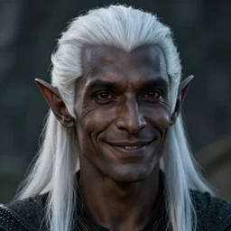 a portrait of a dark drow elf male, medium length slick white hair, charcoal skin, smooth skin, young adult in with late twenties, happy, pointed chin, charcoal color skin, curious, style by donato giancola, wayne reynolds, jeff easley dramatic light, high detail, cinematic lighting, artstation, dungeons and dragons