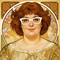 portrait of a curvy stocky romanian woman, brown hair, messy bob, straight hair, brown eyes, romanian, laugh lines, full upper lip and thin lower lip, round face, round chin, round nose, white glasses, glasses, big forehead, white reading glasses, librarian, wide shot, digital art, alphonse mucha, loish, art nouveau, 8 k, trending on artstation