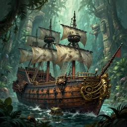 the old wreckage of a legendary pirate ship, a magical treasure guarded by a mythical creature in an ancient lost temple, dense tropical jungle, digital painting, trending on artstation, concept art, matte painting, highly detailed, final fantasy, jrpg, art by greg rutkowksi, craig mullins, octane render, 8 k, unreal engine