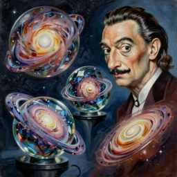 a hd surrealism painting of 3d cast glass galactic sculptures by dali and kandinsky, ultra detailed, 4k, oil on canvas