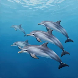 a painting of a group of dolphins swimming in the ocean by rhads, deviantart contest winner, fantasy art, lovecraftian, 2 d game art, artstation hq.