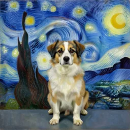 studio portrait of a dog in the style of Starry Night; oil painting by Vincent van Gogh