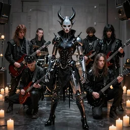 cyberpunk black metal band, guitarists, bassist, drummer, vocalist, all black cyberpunk clothes, robotic prosthetic limbs, dermal implants, detailed faces, cyborg satan, futuristic, realistic, promo photograph, epk, room full of candles, high quality photograph, highly detailed