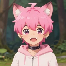 cute fantasy boy with pink hair and pink wolf ears, happy, fangs, piercings, wearing collar and onesie, artstation, digital art