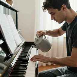 a man watering his piano