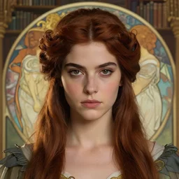centralized close up portrait, serious, jessica lowndes princess mage, abstract library background, alphonse mucha, rhads, ross tran, artstation, artgerm, octane render, 1 6 k
