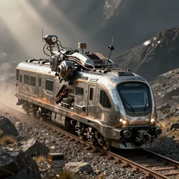 sci - fi, armored mecha train, wires and sensors around, art by ismail inceoglu