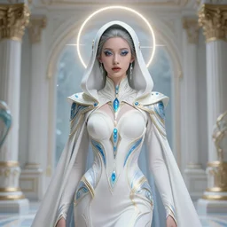 detailed portrait glam cyber noun, hooded, attractive feminine curves, intricate, futuristic, elegant cape, elegant, alien room background, white, blue, gold, photorealism, trending on artstation, holy halo, advanced technology, art by moebius and vitaly bulgarov and chanthara
