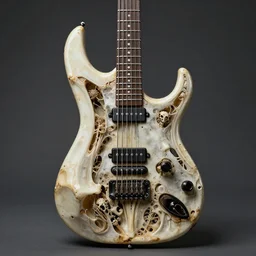 electric guitar made of bones, intricate, realistic, by necro and by giger