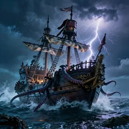 one pirate ship being engulfed by a sea creature with long tentacles grasping the ship trying to pull it down into the water, on a stormy night with lightning