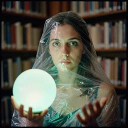 a color photograph, closeup portrait of a woman wrapped in plastic, standing next to a luminescent orb, in a library, color photograph, by vincent desiderio, canon eos c 3 0 0, ƒ 1. 8, 3 5 mm, 8 k, medium - format print