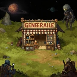 in front of a [ [ [ general store ] ] ] in a remote outpost, on an alien planet, from a space themed point and click 2 d graphic adventure game, set design slightly inspired by hg giger and tomb raider, art inspired by thomas kinkade and mark keathley