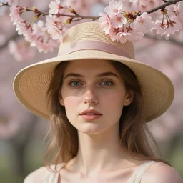 a candid portrait of a european female wearing a hat with sakura on top, summer bloom, au naturel, hyper detailed, digital art, trending in artstation, cinematic lighting, studio quality, smooth render, unreal engine 5 rendered, octane rendered, art style by klimt, nixeu, ian sprigger, wlop, krenz cushart