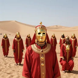 8k pov of a tribe in the desert, Cinestill 800t, cinematic, trending on Flickr, wear red tunics and gold mask and jewels