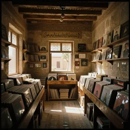 Interior of a record store in Ancient Mesopotamia, 35mm film