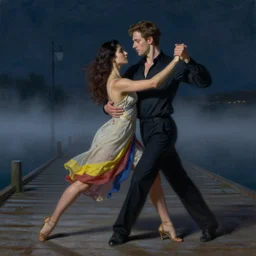 A Colombian woman and a Caucasian man dance on a misty pier at midnight, sensual, romantic, oil painting