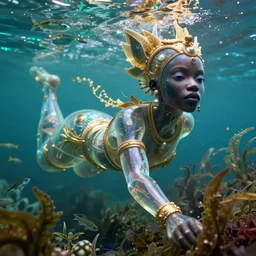 hyperrealistic precisionist cinematic very expressive! translucent!! african goddess, full body, underwater scene with fish and algae, gold jewerly, highly detailed face, digital art masterpiece, eric zener cam de leon, dramatic pearlescent turquoise light on one side, long shot, low angle uhd 8 k, shallow depth of field