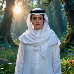 kristen stewart, saudi arabian shemagh ghutra agal, arabian white thobe, portrait sci - fi cyberpunk tron magic realism thermal imaging rainforest meadow anime lightpaint at night laser morning sun, archdaily, wallpaper, highly detailed, trending on artstation.
