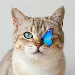a portrait photo of a cat with a blue butterfly on its nose 5 0 mm f 1. 4