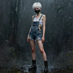 full body pose, mixed media painting of a grungy skull woman with buzzed white hair, soft eyes and narrow chin, dainty figure, mask, torn overalls, short shorts, combat boots, side boob, wet tshirt, wet, raining portrait, extremely hyper - detailed, intricate, epic composition, very detailed, masterpiece, stunning,