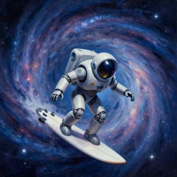 cool bismuth mech spaceman surfing the milkyway, isometric scifi astral spirit space journey in oil painting, pulled into the spiral vortex, trending on artstation, award winning, emotional, highly detailed ethereal isometric surrealist art