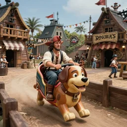 1990s photo of inside the Dogboy's Pirate Adventures ride ride at Universal Studios in Orlando, Florida, riding an animatronic dog through a Pirate village , cinematic, UHD