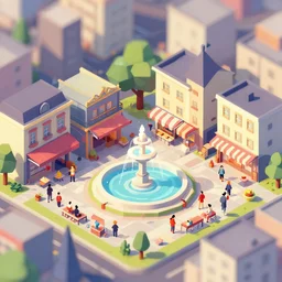 art by filip hodas, and artgerm. low poly city central fountain shops, outside, isometric, 4 k