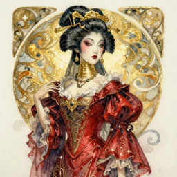 watercolor painting of avant - garde portrait of a japanese bjd geisha vampire queen with a long neck in a victorian red dress painted by daniel merriam, alphonse mucha, intricate detail, artstation, artgerm, in the style of dark - fantasy, rococo, gold leaf art