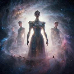 humanoid _ royal _ space _ men _ in _ a _ nebula in, mid shot, cinematic, backlight, mist, synthwave futuristic style by greg rutkowski