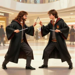 Jesus duels Harry Potter at the mall, drawn by bernie wrightson