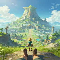 first person perspective digital illustration of Mount Lanayru in Hyrule reimagined by industrial light and magic:1|wide angle panoramic by beeple and Roger Dean, viewed from eye level:0.9|fantasy, cinematic:0.9|Unreal Engine, Octane, finalRender, devfiantArt, artstation, artstation HQ, behance, HD, 16k resolution:0.8