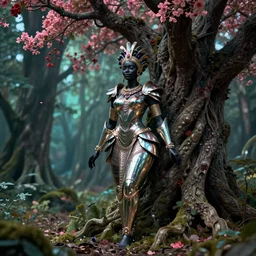 hyperrealistic neo - rococo cinematic super expressive! yoruba goddess with exoskeleton armor, merging with tree in a forest, pink red flowers, highly detailed digital art masterpiece, smooth cam de leon eric zener dramatic pearlescent soft teal light, ground angle hd 8 k, sharp focus