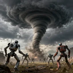 hyperrealistic fantasy artwork of tornado storm of robots