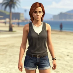 Emma Watson as a GTA V NPC in the beach, in game capture. 3D Render.
