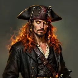 peter mohrbacher style, digital art of a pirate with golden eyes and fire hair wearing a black coat