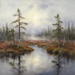 watercolor painting of scandinavian bog, reflective, fog, ambient lighting, art by anders zorn and winslow homer, wonderful masterpiece by greg rutkowski, cinematic light, american romanticism by greg manchess, creation by tyler edlin