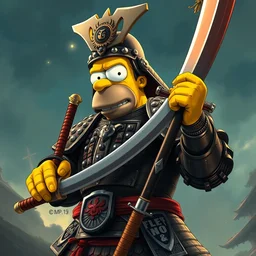 homer simpson in a heavy suit of samurai armor, giant sword, digital painting masterpiece by rembrandt and mœbius and thomas kinkade and frank frazetta, 4 k wallpaper, comic book art, unreal engine