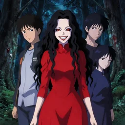 makoto shinkai, yoji shinkawa, ilya kuvshinov, rumiko takahashi, pretty woman vampire, sharp teeth, evil smile, red dress, symmetrical eyes, symmetrical face, long curly black hair, trees, forest, night, scary, blood