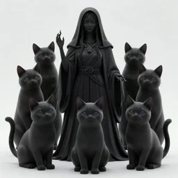 a cult of black cloak wearing kittens summon a evil goddess from the depths of a raging fire pit. Flames are emerging from fissures in the ground.