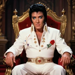 sharp, detailed, color photograph, elvis sitting on his throne in his castle, atmospheric lighting, in focus, blue reflective eyes, 3 5 mm macro lens, live action, nice composition