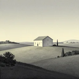A serene landscape with a singular building in the style of Enki Bilal and Moebius and Simon Bisley.