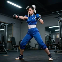 dynamic 4k picture of Chun li cosplayer training at the gym, dimly lit, fluorescent lights