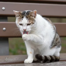 a cat sitting on a bench and licking its paw
