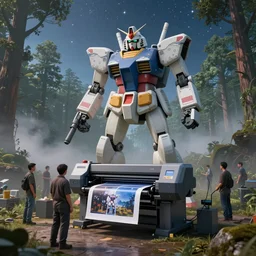 A panoramic photograph of a giant robot working on a workstation in an uniform printing photos on a giant printer, around him 5 people are standing in a misty forest grove, large landscape, stars overhead, by Greg Rutkowski, 4k photorealistic, volumetric lighting, HD, high details, dramatic, trending on artstation