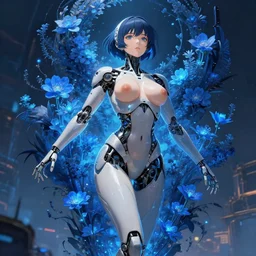 detailed, sharp, beautiful dreaming humanoid female automata in exoskeleton surrounded by glowing blue flowers and flora floating above a dystopia by Ilya Kuvshinov and Anna Dittmann and studio ghibli and WLOP and Rossdraws, busty, digital art, surreal, trending on artstation, anime arts, featured on Pixiv, blue lighting, HD, 8K, highly detailed, good lighting, beautiful, epic, masterpiece