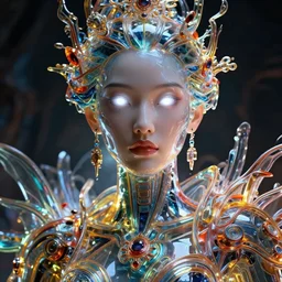wide angle close up shot of a vibrant ultra clear sculpture of beautiful asian female cyborg, eye glowing white, face center to the camera, style by laurie greasley gustave dore ron english, cybernetics, low contrast, cinematic dramatic lighting, hyper realistic detailed intricate render, hypermaximalist, ornate, epic composition, 4 k 8 k, cryengine octane blender, sharp focus, concept art,