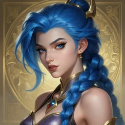 a Portrait of JINX from League of Legends, blue hair, pigtail, intricate, elegant, highly detailed, digital painting, concept art, smooth, sharp focus, illustration, art by artgerm and greg rutkowski and alphonse mucha,artstation,deviantart,FAN ART,Unreal Engine,face enhance,8K,golden ratio,cinematic lighting H 704